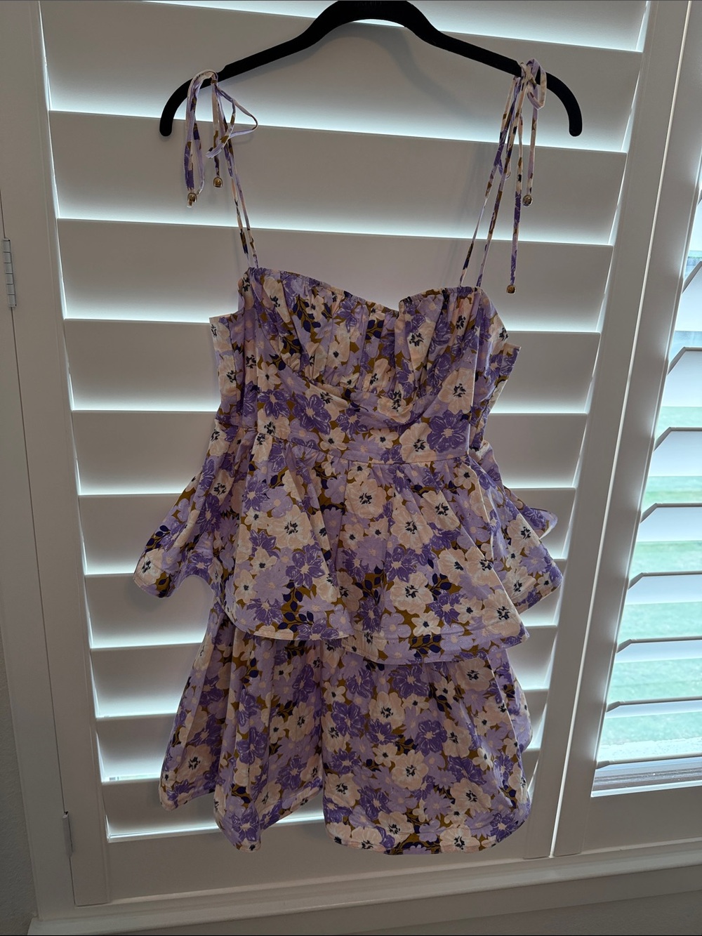 Floral Tiered Mini Dress with Tie Straps - Lavender